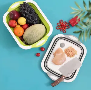 wholesale 3 in 1 multifunction collapsible plastic silicone cutting board with colander for camping