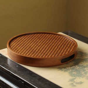 Round Lacquered Bamboo Storage <b>Tray</b> With <b>Tea</b> Set And Fruit Plate Multifunctional Desktop Organizer For Zen <b>Tea</b> Ceremony - Product Image 4