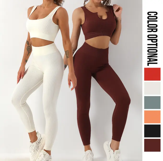 2023 Benutzer definiertes Logo Fitness Kleidung Leggings Ropa Deportiva Gym Active Wear 4-teiliges Workout Frauen gerippt nahtloses Yoga-Set Für Frauen