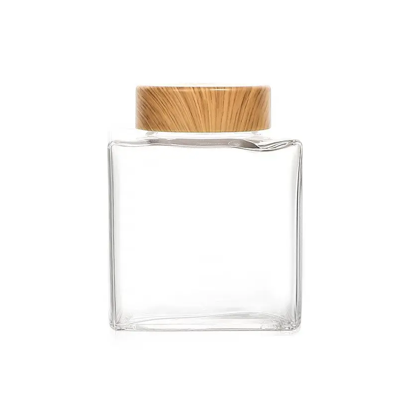 두꺼운 나무 곡물 커버 꿀 병 밀봉 항아리 투명 유리 사각형 페이스트 병 새로운 유형의 꿀 병