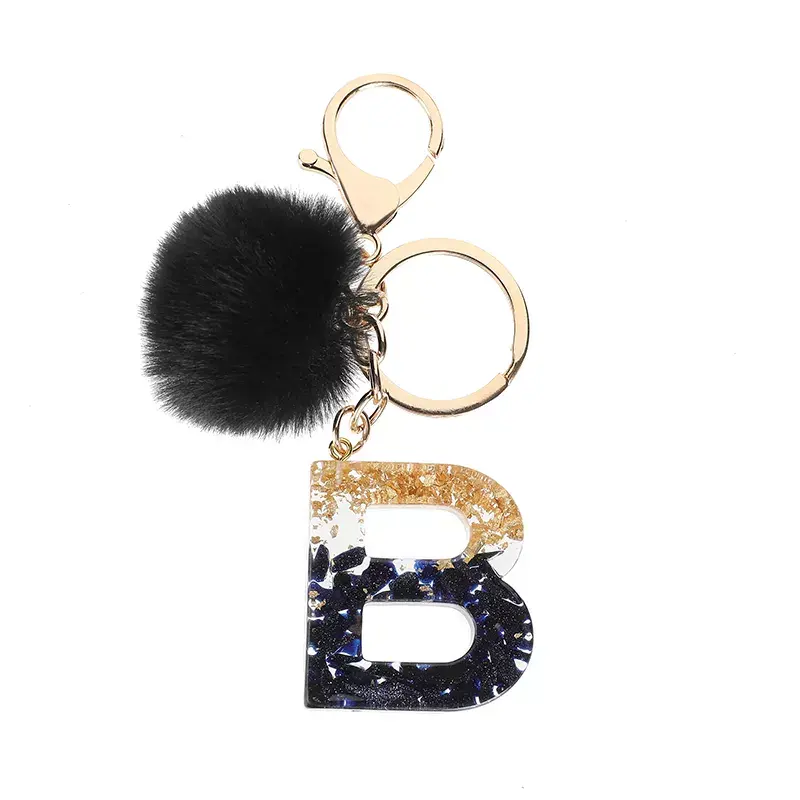 Vintage Pompom Resin Key Chains Accessories Wholesale Black Pom Pom Acrylic Black Initial Letter Keychain For Womens
