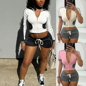 017 nuovi arrivi set a blocchi di colore Sport 2 pezzi completo da donna tute autunnali giacca Zip + pantaloncini con coulisse - Product Image 1