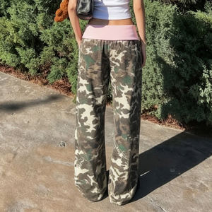 Pantalon large à taille contrastée rétro américain, pantalon décontracté tendance pour femmes, coupe slim - Product Image 6