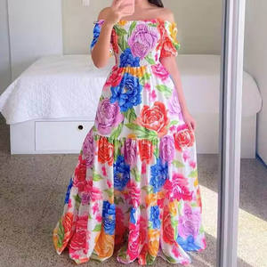 <span class=keywords><strong>Abito</strong></span> Casual a Maniche Corte <span class=keywords><strong>con</strong></span> Spalla Scoperta e Stampa Floreale, Vestito Lungo Elasticizzato <span class=keywords><strong>con</strong></span> Ampia Gonna - Product Image 5