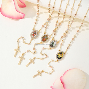 Collar Católico Religioso en Forma <span class=keywords><strong>de</strong></span> Y con Cuentas <span class=keywords><strong>de</strong></span> Latón, San <span class=keywords><strong>Benito</strong></span>, San Judas, Virgen María, Rosario Tricolor Chapado en Oro <span class=keywords><strong>de</strong></span> 14k con <span class=keywords><strong>Cruz</strong></span> - Product Image 1