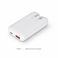 Chargeur rapide PowerEric EU Plug PD65W Gan avec PD3.0, câble rétractable pliable, 2 ports USB pour ordinateur portable