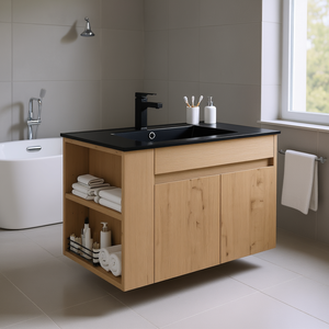 Meuble-lavabo de salle de bain 30 pouces en bois avec vasque en céramique noire, étagère ouverte réglable, design moderne minimaliste mural - Product Image 2