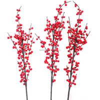 H120B Perlengkapan Dekorasi Natal, Tangkai Panjang Pohon Beri Pilih Cabang Bunga Buatan Merah Berry Buah Holly