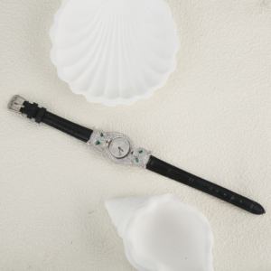 S925 jam tangan kuarsa klasik modis perak murni jam tangan kulit kuarsa macan tutul mengkilap zirkon untuk hadiah pesta wanita - Product Image 4