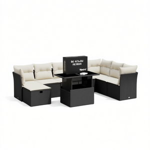 Ensemble de canapés de jardin en rotin noir avec coussins crème, mobilier d'extérieur au design contemporain, résistant à l'eau et aux UV, en rotin PE - Product Image 1