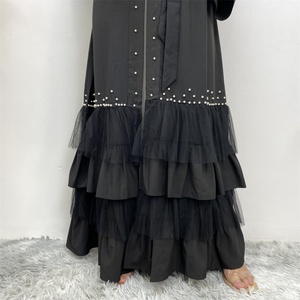 1828# Black Open <b>Abaya</b> With White Pearls Many Layers Pleated With Dreamy Mesh Fashion Classy Popular Ladies <b>Abaya</b> - Product Image 6