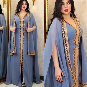 2023 Populaire Stijlen Abaya Met Een Patroon Rand V-Hals Driedelige Set Satijnen Saudi Abaya Vrouwen Islamitische Kleding Abaya