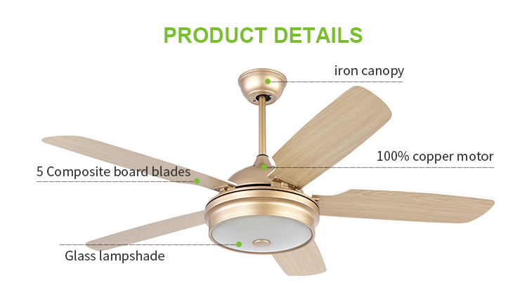 Breeze.Lux 52 inch luxury gold ceiling fan mute M D F leaf blades remote control 220 v ceiling fan light