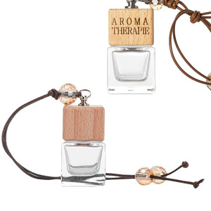 Transparent Clear Square Round Car Hanging Air Freshener Glass Perfume <b>Bottle</b> With Wood Cover - Product Image 1