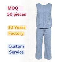 Ensemble deux pièces en jean délavé léger pour femme, été : Crop top sans manches + Pantalon large court assorti, Écoresponsable, Personnalisable