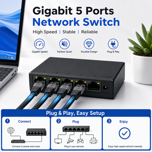 Commutateur Ethernet Gigabit 5 ports 1000 Mbps RJ45, commutateur réseau, boîtier en plastique noir et blanc avec adaptateur - Product Image 5