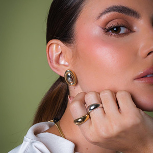 Oval <b>Stud</b> <b>Earrings</b> 18k Gold Stainless Steel Color Blocked Geometric Design Zinc Alloy Fashion Jewelry - Product Image 4