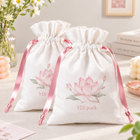 Pochette à cordon en coton et lin écologique imprimée fleur de lotus, cordon en satin rose, logo personnalisé, emballage cadeau pour bijoux