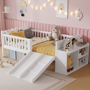เตียงเด็กไม้เนื้อแข็งสีขาว พร้อมสไลเดอร์และชั้นวางหนังสือสำหรับเก็บของในห้องนอน เฟอร์นิเจอร์สำหรับเด็ก - Product Image 3