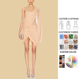 Tessuto Chiffon personalizzato tinta unita monospalla Sexy vita naturale parzialmente foderato orlo asimmetrico Mini abiti Casual - Product Image 1