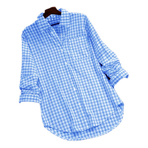 Camisa de Mujer a Cuadros Azul, con Botones, Manga Larga, Corte Holgado Informal, 100% Algodón Popelina, para Primavera/Verano - Product Image 5