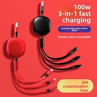 Grosir Kabel Data Transfer Pengisian Cepat 3-in-1 Retractable 100W Baru 2026 USB-A USB-C 8-Pin untuk Mobil, Ponsel, Tablet