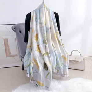 Lenço de seda para mulheres, lenço de xadrez de cetim com estampa personalizada, cachecol hijab, cachecol para mulheres, atacado, 2024