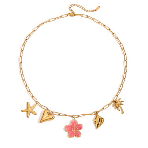 Collar de acero inoxidable con dijes de flores, colgante chapado en oro para mujer, joyería de moda, look de vacaciones de verano - Product Image 5