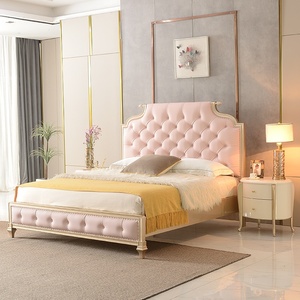 <span class=keywords><strong>Lit</strong></span> de Mariage Américain de Luxe Moderne et Simple en Cuir Rose, Taille Européenne, en Bois Massif, Style Princesse Française - Product Image 2