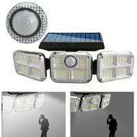 Projecteur mural solaire LED à 3 têtes réglables, détecteur de mouvement extérieur, intensité variable, 6000 lumens, angle de faisceau 120°, matériau ABS