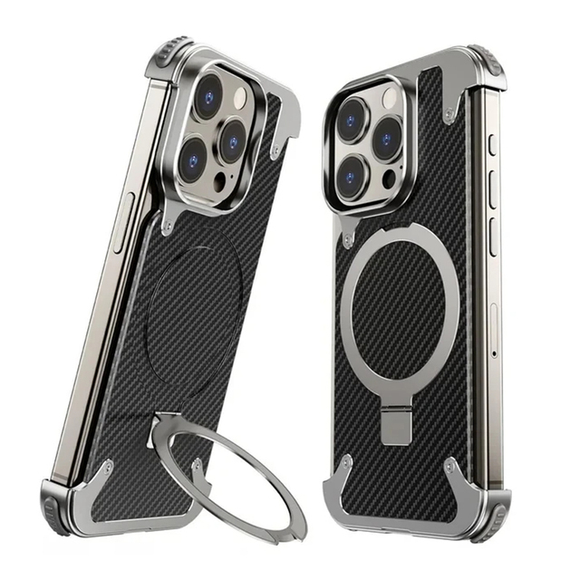 Aluminum Frameless Armored Magnetic Phone Case With Metal Ring Holder Carbon Fibre Shockproof Cover for IPhone 14 15 Pro Max