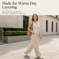 Gilet en crochet personnalisé OEM ODM pour femme, sans manches, tricoté, avec dentelle florale, perles, ourlet à franges, ajouré, pour le bureau et les trajets quotidiens