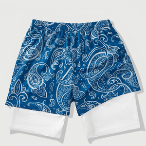 Men's Pink Paisley Print Mid Waist Casual Four-Way Stretch Drawstring Shorts Gothic Cross Logo Breathable Satin <b>Board</b> - Product Image 5