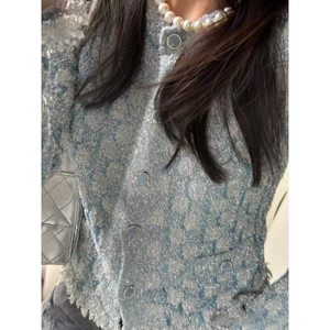 <span class=keywords><strong>Cardigan</strong></span> Lavorato a Maglia da <span class=keywords><strong>Donna</strong></span> Autunno Inverno 2025, Stile di Alta Gamma con Lavorazione Elaborata, <span class=keywords><strong>Blu</strong></span> Argento con Filo Lucido e Nappine, Monopetto - Product Image 2