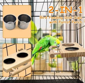 Nuovo modello per bere acqua e mangiare cibo moderno ecologico alimentatore per uccelli in legno con posatoi in acciaio inox - Product Image 3