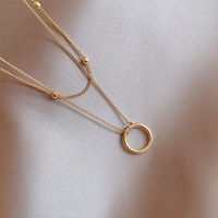 Nouveau collier pendentif rond à deux couches plaqué or, chaîne de perles en acier inoxydable étanche, collier géométrique à cercles