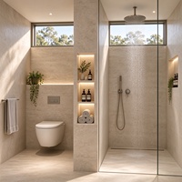 Ensemble de salle de bain moderne sur mesure de luxe, texture pierre, niche LED, design flottant, douche walk-in pour maison haut de gamme