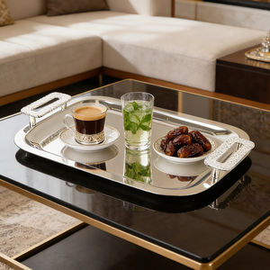 طقم صواني تقديم من الفولاذ المقاوم للصدأ بلون فضي لرمضان 2026 مع مقابض للطعام والقهوة والشاي العربي الأحمر - Product Image 2