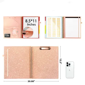 Organisateur de documents en cuir PU avec bloc-notes Logo personnalisé rose et site Web Strong Wire-O Binding