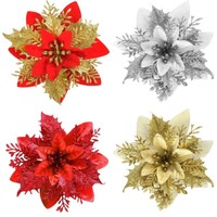 Dekorasi Pohon Natal Poinsettia Besar Buatan Berwarna-warni dengan Glitter Ramah Lingkungan dari Plastik Grosir Pabrik