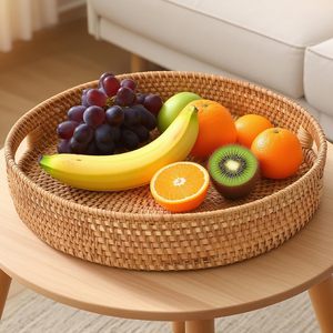 YULIN JIAFU Vassoio Rotondo in Rattan con Manici, Vassoio Decorativo in <span class=keywords><strong>Vimini</strong></span> Naturale <span class=keywords><strong>per</strong></span> Servire, Cesto <span class=keywords><strong>per</strong></span> Frutta/<span class=keywords><strong>Pane</strong></span> - Product Image 6