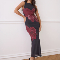 Robe longue moulante noire transparente à motif floral rouge imprimé numériquement, personnalisable OEM & ODM Wisrise Fashion