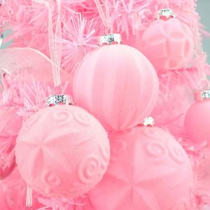 <b>Pastel</b> Pink Plastic Flocked Christmas Baubles Set Embossed Swirl Pattern European Style Multi-Size NEW ARRIVAL Wedding <b>Decor</b> - Product Image 3