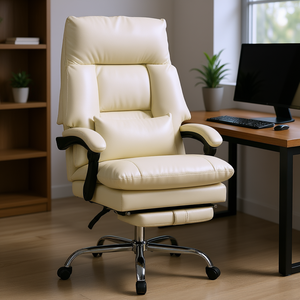 Chaise de bureau en cuir PU blanc crème à dossier haut chaise de bureau inclinable avec repose-pieds chaise d'ordinateur rembourrée pour le bureau - Product Image 2