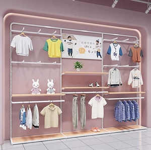 Étagère murale pour vêtements d'enfants, étagère à vêtements suspendue à plusieurs niveaux avec étagères en bois pour les magasins de vêtements pour enfants - Product Image 1