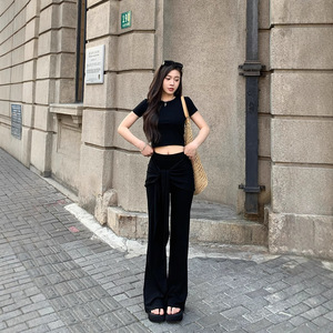 Women's Casual Set Black Solid Color Short Sleeve Crop Top With Flare Pants Knitted Polyester YX-2101 - Product Image 5