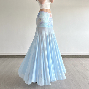 Jupe longue sirène en maille florale romantique pour femme, style vacances INS, bleue, ajustée, élégante, moulante - Product Image 6