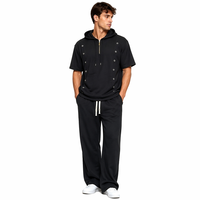 Ensemble 2 pièces décontracté pour homme : sweat à capuche mi-zippé à clous et manches courtes en tricot thermique imprimé, et pantalon taille élastique – Collection automne