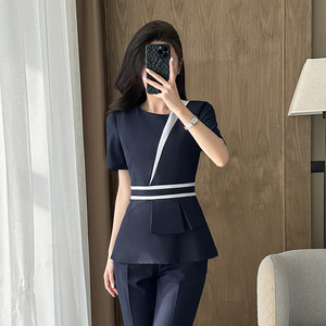 Gray Short Sleeve Suit Set Women Polyester Professional Workwear Summer 2025 Elegant Uniform Beauty Salon Attire - Product Image 4