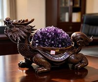 Statue de tortue dragon en cristal d'améthyste naturelle, grappe de cristaux violets, géode avec support en bois massif sculpté à la main, tortue dragon porte-bonheur